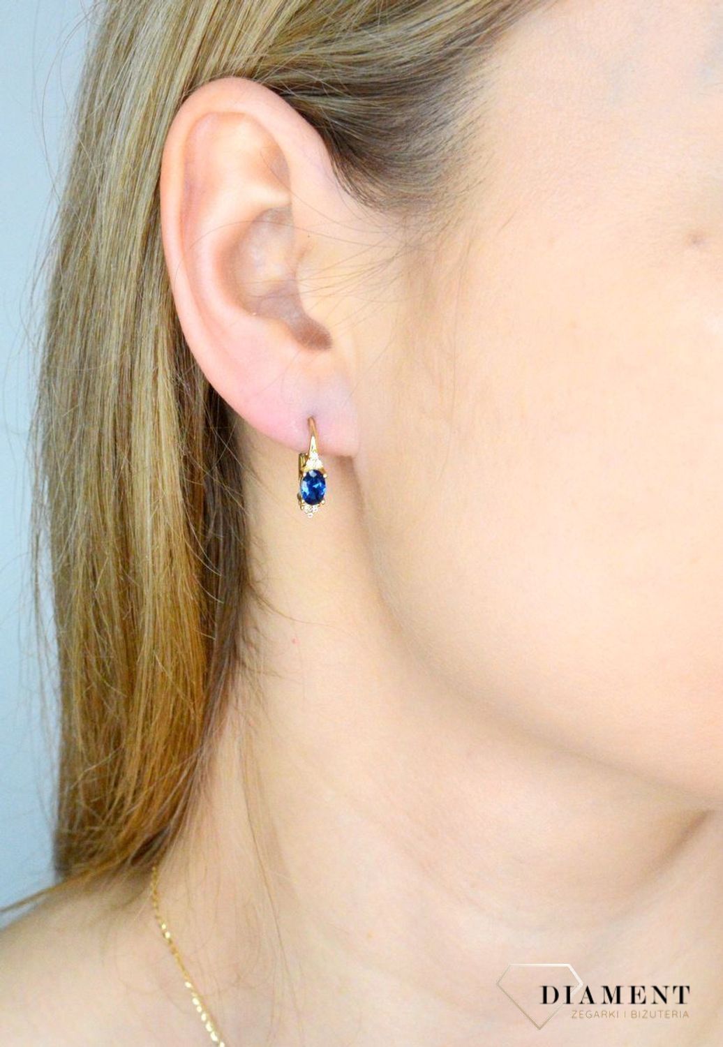 Złote kolczyki damskie 585 niebieska cyrkonia KL 9124A.jpg